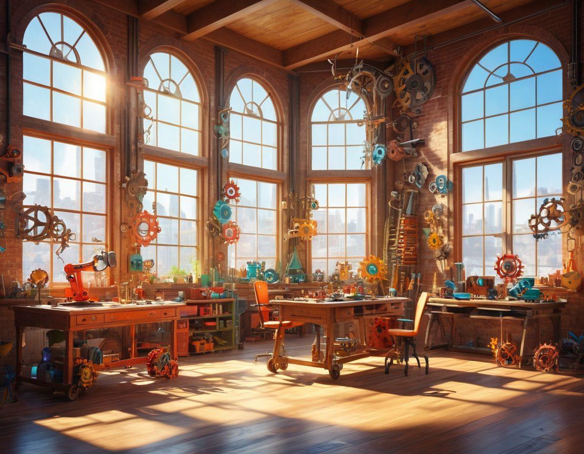 A whimsical workshop filled with engineers creatively collaborating, surrounded by vibrant blueprints of joyful inventions like playful robots and colorful gadgets. Bright sunlight floods through large windows, illuminating smiles and ingenuity in action. Colorful gears and tools hang from the walls, symbolizing cheerful engineering. Emphasize a warm and uplifting atmosphere. super-realistic. vibrant colors. 3D.