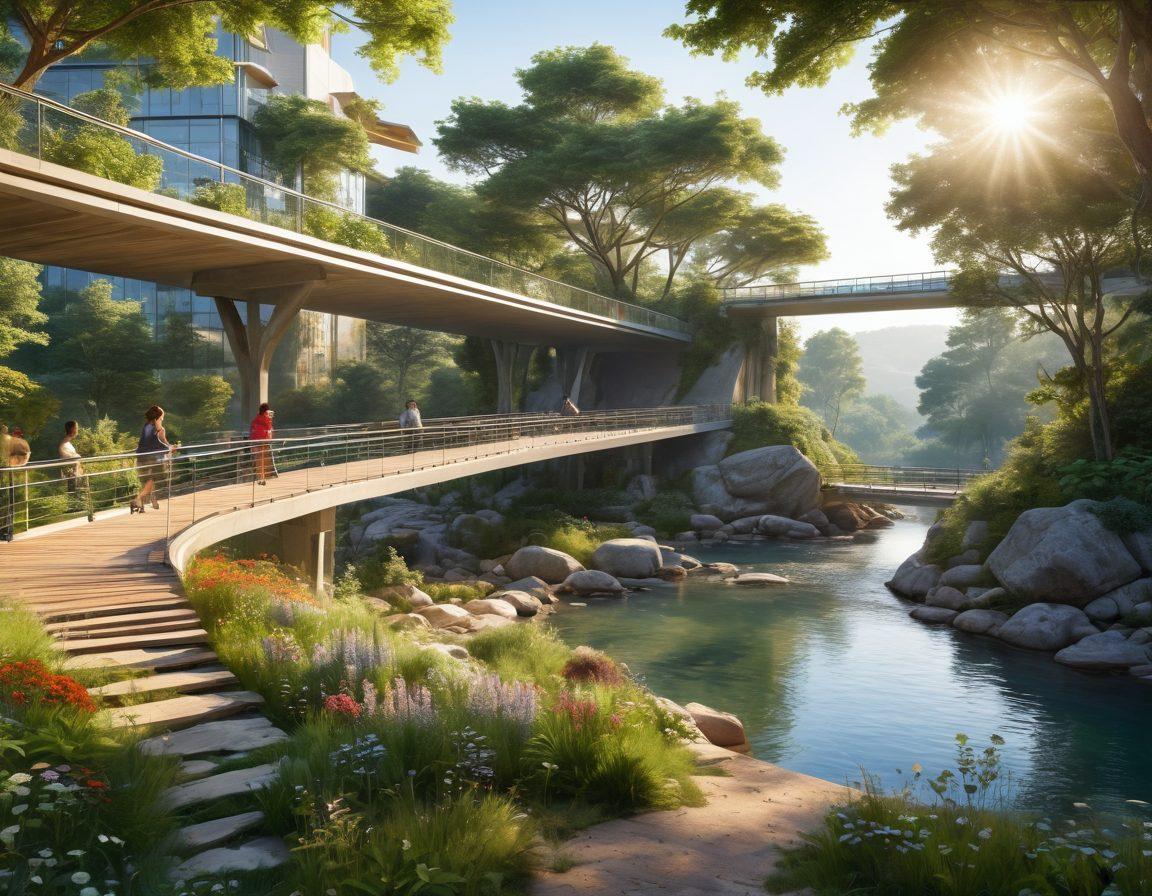 A serene landscape featuring a modern engineering marvel, like a bridge or building, seamlessly connected to nature; joyful people using the space for relaxation and community activities; soft sunlight bathing the scene, symbolizing positivity and well-being; elements of gears and blueprints subtly integrated into the flora, representing engineering; a harmonious blend of technology and nature. super-realistic. vibrant colors. peaceful atmosphere.