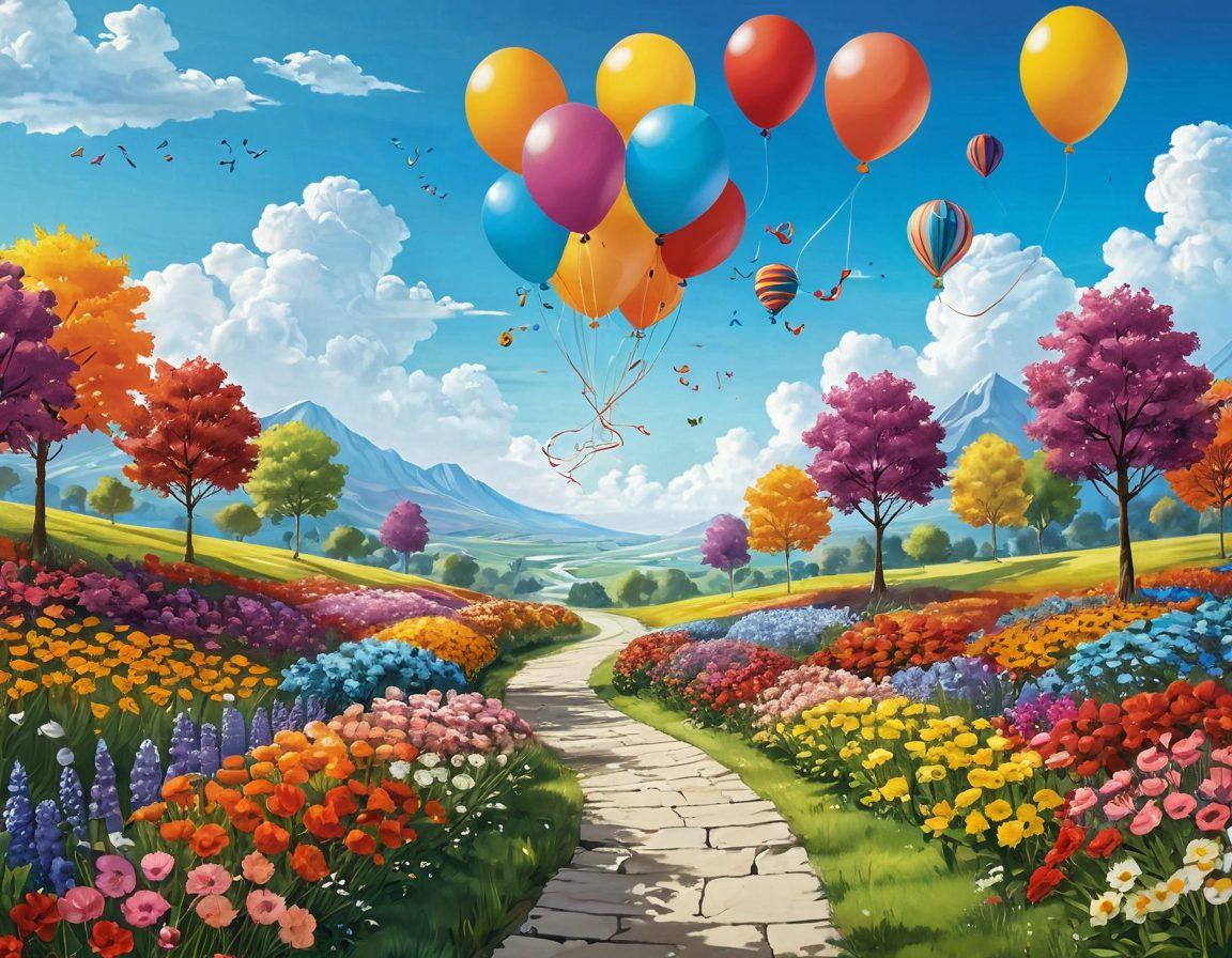 A whimsical landscape depicting a pathway lined with blooming flowers that represents the journey of positive engineering. Cheerful characters engaging in collaborative activities like brainstorming and building, radiating joy and creativity. The backdrop features sunny skies and floating balloons symbolizing happiness and inspiration. Bright colors and playful elements should dominate the scene to evoke a sense of joy and positivity. vibrant colors. illustration.